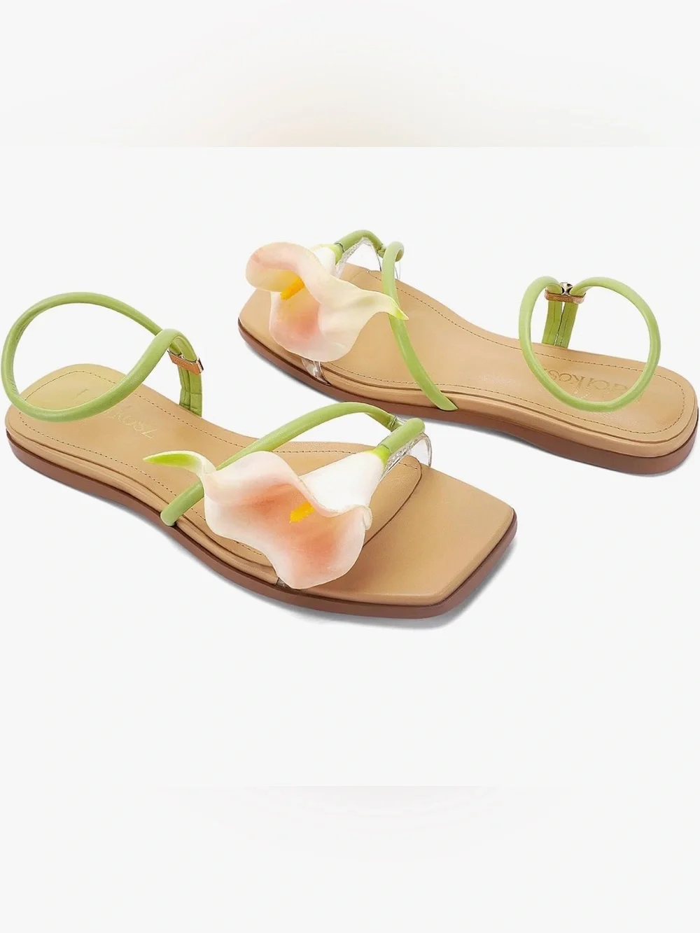 Calla Flower Slide Sandals in Green and Peach